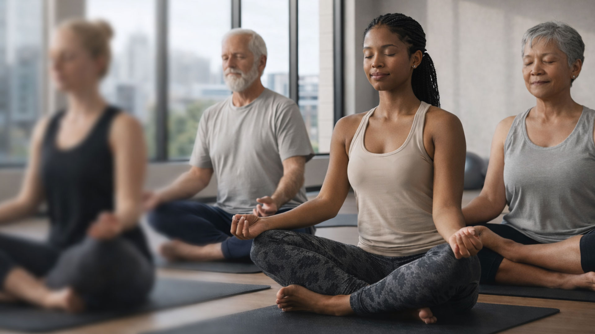 Yoga class with participants stretching on mats